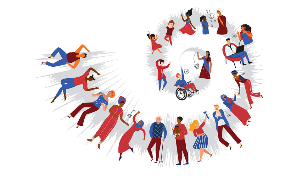 A diverse group of people engaged in various activities, forming a spiral shape on a white background. Text within the image includes 