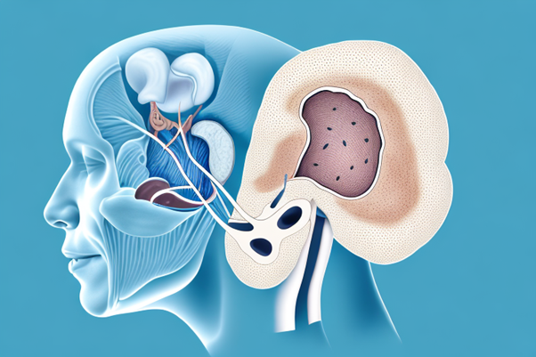 A medical illustration depicts the anatomy of the human ear, showcasing the eardrum, cochlea, auditory nerve, and surrounding structures in detail against a blue background, aiding in hearing healthcare education. No text is present.