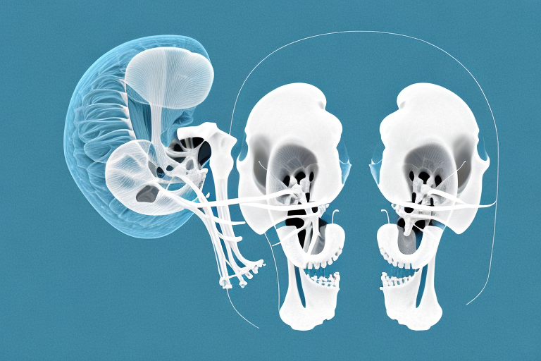 A 3D anatomical illustration showcases the human auditory system, highlighting inner ear structures and nerve pathways connecting to the brain, presented against a blue background for educational or clinical context. No text present.