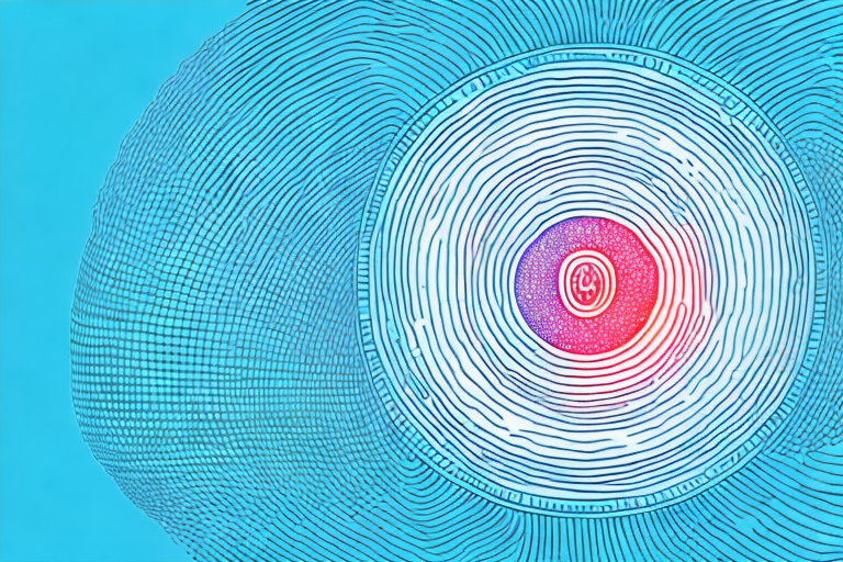 A vibrant abstract illustration features concentric lines radiating from a central red and purple nucleus, resembling sound waves. The surrounding background is a gradient of calming blue tones. No text.