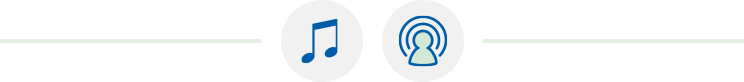 Musical note icon in blue next to a podcast symbol with soundwave lines.