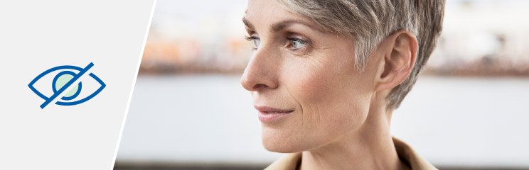 Eye symbol with a diagonal slash next to a cropped view of a woman's ear and short gray hair.