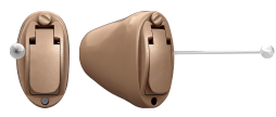 In-the-ear hearing aids with a discreet design and pull string for easy handling.