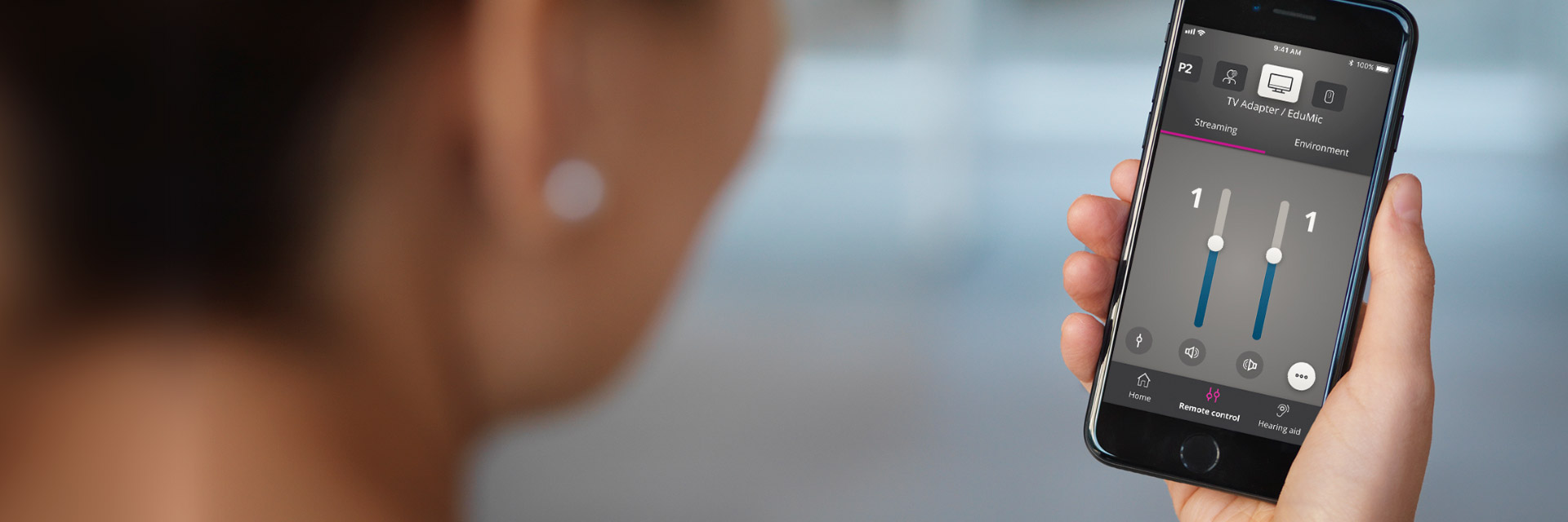 Oticon On app interface on a smartphone, featuring hearing aid settings, streaming options, and volume control sliders.