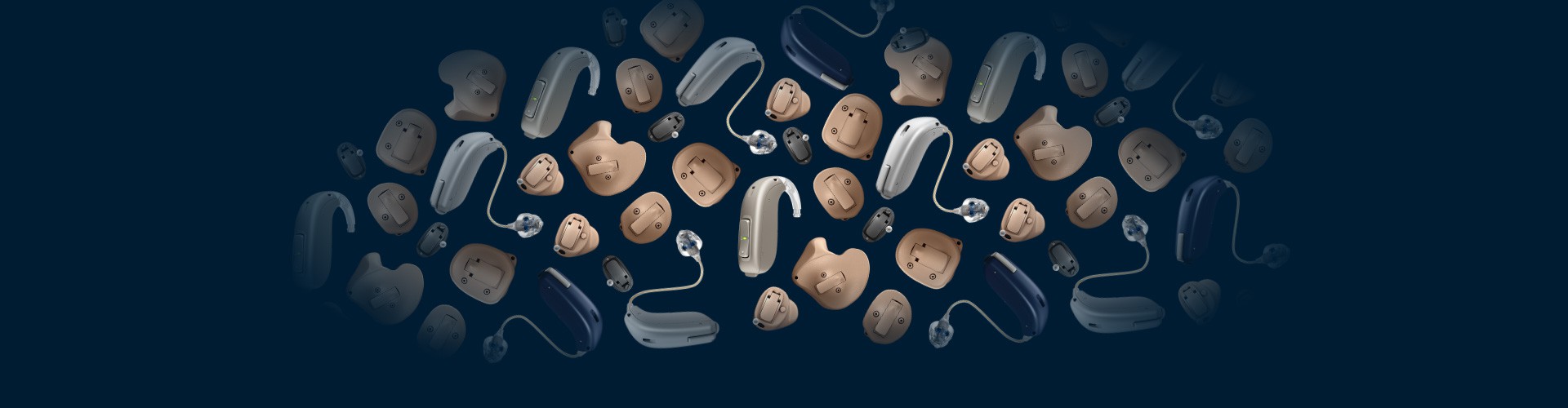 Various hearing aids and earpieces float against a dark blue background, displaying a variety of shapes, styles, and colors commonly used in hearing assistance devices.