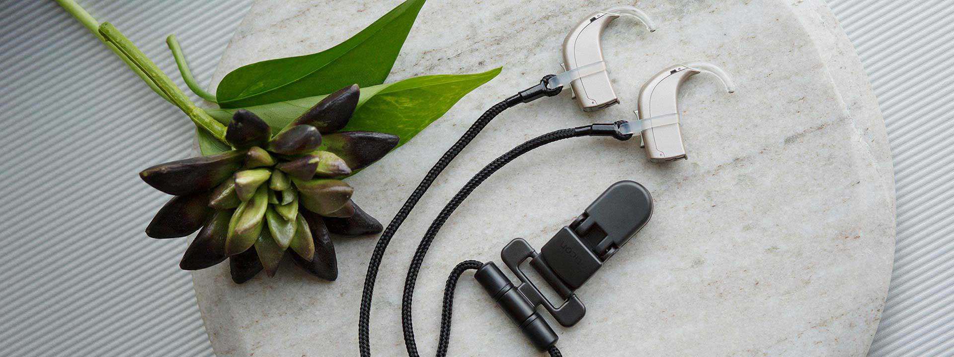 Hearing aid accessories featuring a black cord and sleek safety clip, arranged on a textured surface alongside green leaves and a dark succulent.