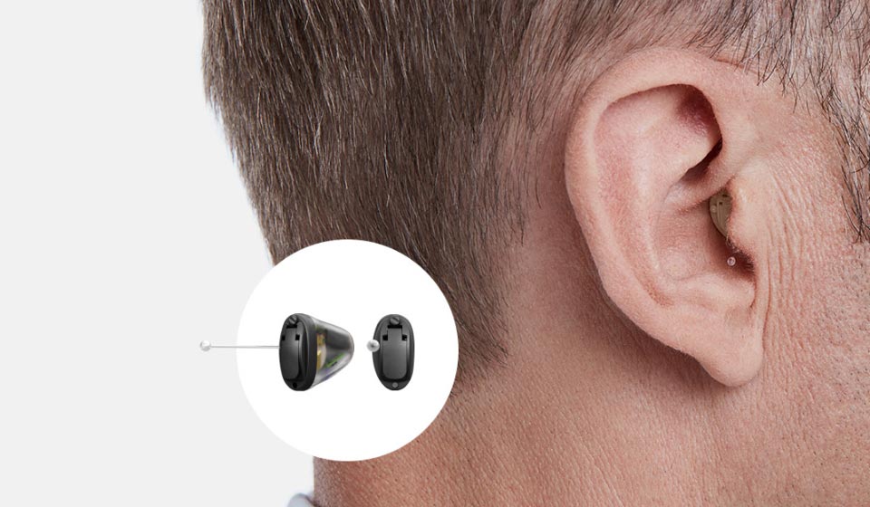 Close-up of a man's ear wearing a subtle invisible hearing aid, with a separate enlarged view of the device highlighting its design and features.