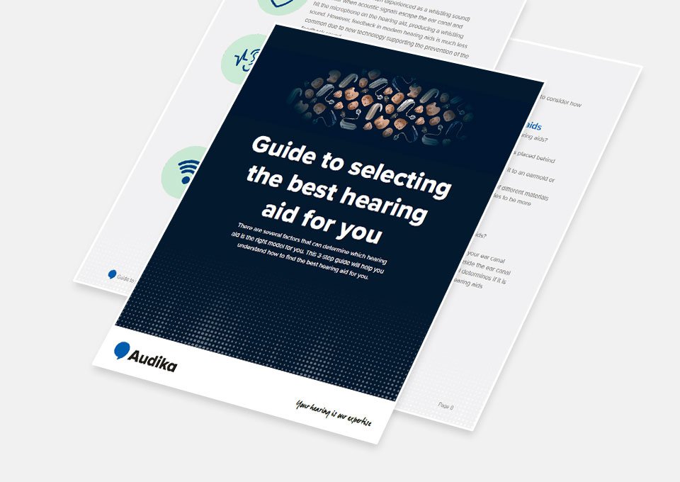Guide to selecting the best hearing aid, featuring tips and factors to consider, with a cover displaying multiple hearing aids and the Audika logo.