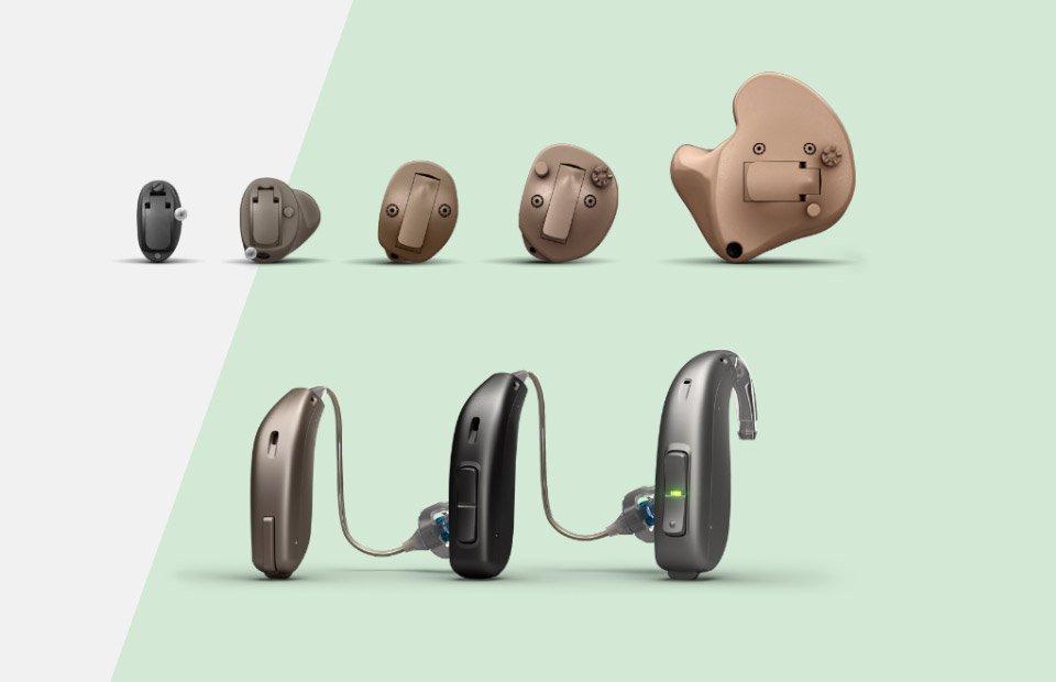 Various styles of hearing aids displayed on a gradient background.