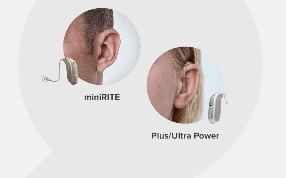 miniRITE and Plus Ultra Power hearing aids worn behind the ears, demonstrating modern and discreet designs for different hearing needs.
