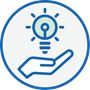 Innovation symbol featuring a light bulb glowing above an open hand.
