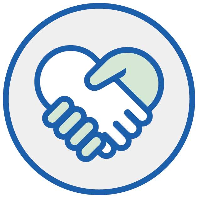 A white and a light green hand shake within a blue-outlined heart, centered in a white circle with a blue border.