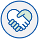 A white and a light green hand shake within a blue-outlined heart, centered in a white circle with a blue border.