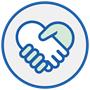 A white and a light green hand shake within a blue-outlined heart, centered in a white circle with a blue border.