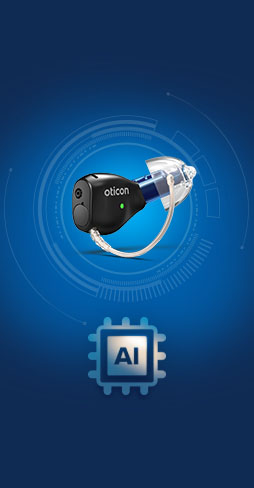 A sleek Oticon hearing aid is displayed against a digital blue background with glowing circular tech patterns. Below, an AI chip icon highlights artificial intelligence integration for advanced hearing technology.