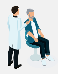 Hearing specialist examining a seated man's ear