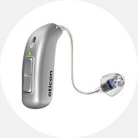 Silver hearing aid featuring sleek design, compact receiver, and clear wiring.