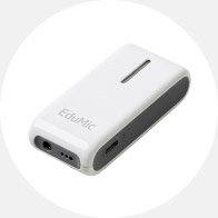 White EduMic wireless microphone device for hearing aids, featuring a sleek and compact design with visible input ports and a volume slider.