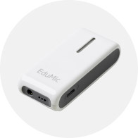 EduMic wireless microphone device designed for clear audio transmission, shown in a sleek white and gray design.