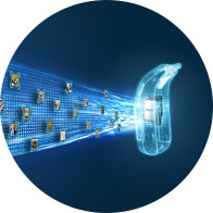 Artificial intelligence technology visualized with a digital hearing aid processing data streams