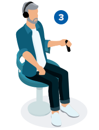 A person with headphones sits on a swivel chair, adjusting their wristwatch. A blue square with the number "3" is behind them.