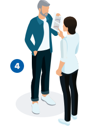 A man holds a document with graphs, while a woman points to it. They are standing on a circular white platform. A blue square with the number "4" is on the left.