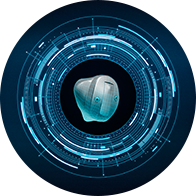 A sleek in-the-ear hearing aid is centered, surrounded by a futuristic circular digital interface of glowing blue patterns on a dark background, highlighting advanced hearing technology innovation. No text visible.