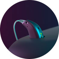 Modern behind-the-ear hearing aid with sleek design and glowing accents against a gradient background.