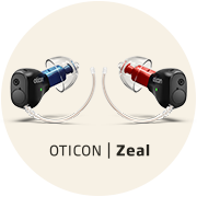 Two Oticon Zeal hearing aids with compact designs are displayed side by side, one red and one blue, on a neutral background. Text reads: 'OTICON | Zeal.' Perfect for discreet audiological support.