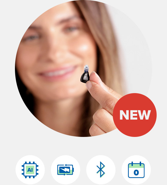 A woman holds a small, modern hearing aid between her fingers, emphasizing advanced features like AI, Bluetooth, and scheduling icons below. A red badge says 'NEW,' making the product noteworthy.