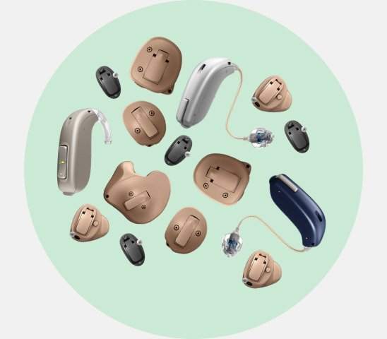 Various styles and types of hearing aids displayed on a light green background.