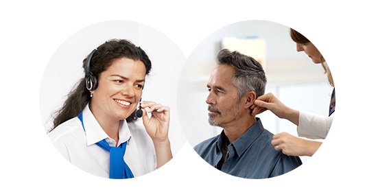 A hearing care professional conducts a hearing test with headphones, while another adjusts a hearing aid on a man’s ear in a clinical setting. No visible branding is identifiable.
