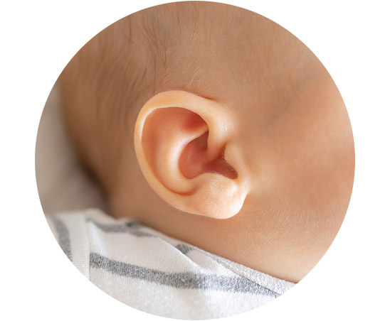 A close-up of a baby’s ear, resting against a striped fabric surface, emphasizes the delicate structure. Surrounding context focuses attention on early hearing health and potential care options.