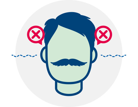 Bilateral hearing loss shown with sound waves and red X symbols near both ears.