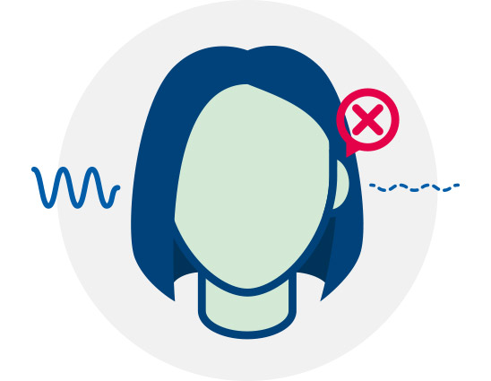 Unilateral hearing loss illustrated with sound waves on one side and a red 'X' indicating blockage or lack of sound near one ear.