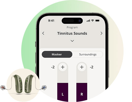 A smartphone displaying a ’Tinnitus Sounds’ program with adjustable masker settings for Left (L) and Right (R) hearing aids; inset shows sleek, green Oticon hearing aids.