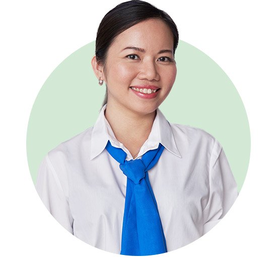 Woman smiling, wearing white shirt and blue necktie, standing against a light green circular background.