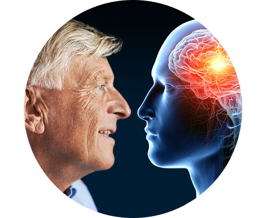 An elderly man looks closely at a blue human head profile with a glowing brain, set against a dark background.