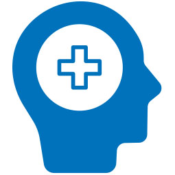 Silhouette bleue d’un profil de tête avec une croix médicale bleue dans un cercle blanc, évoquant la santé et les soins auditifs. Aucun texte.