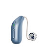 Un appareil auditif moderne bleu, probablement de marque Oticon, avec un écouteur intra-auriculaire connecté par un tube fin, sur un fond blanc.