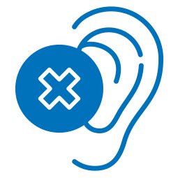 Une oreille stylisée bleue avec une croix blanche encerclée, évoquant une perte ou un trouble auditif. Contexte minimaliste, sur fond blanc.