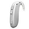 A sleek, silver behind-the-ear hearing aid with visible control buttons and a clear hook, likely from HearingLife's range, offering advanced hearing solutions in audiology and hearing clinics.