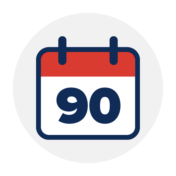 Un calendrier stylisé avec une bande rouge en haut affiche le nombre '90' en bleu sur fond blanc. Aucun contexte n’est fourni.