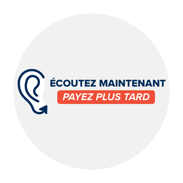 ‘Écoutez maintenant, payez plus tard’ avec illustration d’une oreille et flèche bleue.