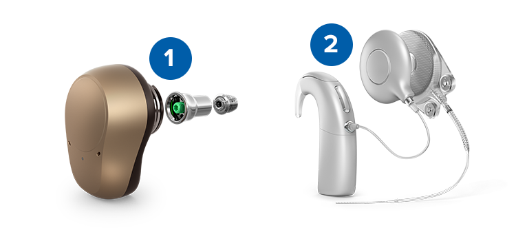 Appareil auditif intra-auriculaire bronze et appareil auditif contour d’oreille argenté avec embouts et composants détaillés