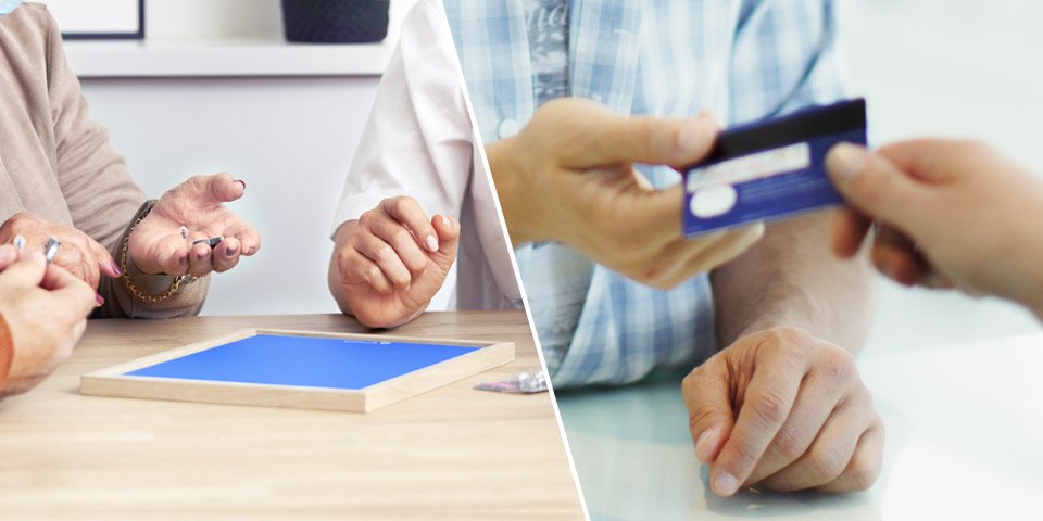 Différentes options de paiement pour les appareils auditifs, incluant une consultation et une transaction par carte bancaire.